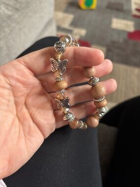 Butterfly Charm Beaded Stretch Bracelet in Tan and Silver